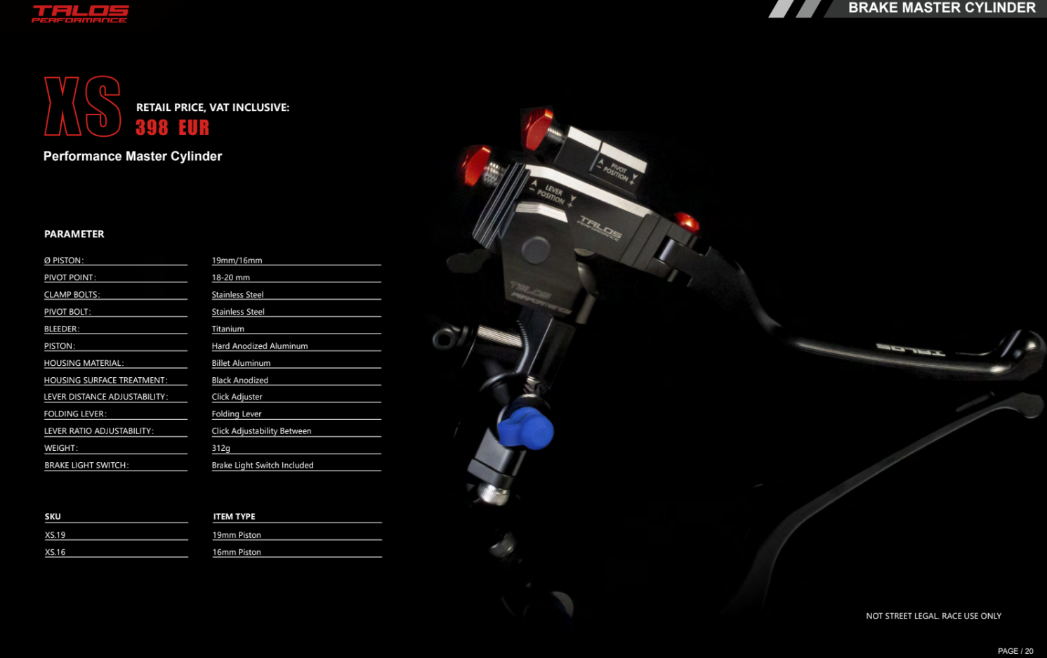 Talos CNC XS Radial Racing Bremspumpe 19x18-20 | XS.19