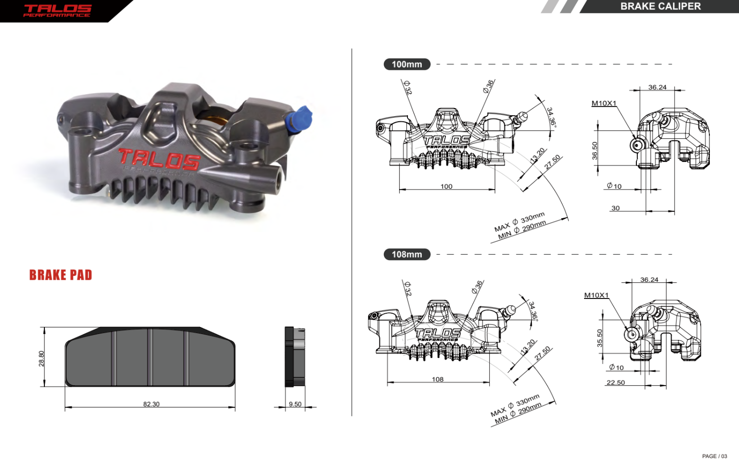 Talos X75 SBK Racing Monoblock P4 32/36 108mm Bremszange Vorne Rechts | X75.108.HD.R