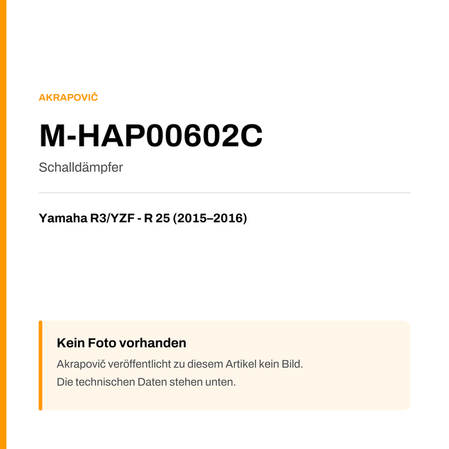 Akrapovic Schalldämpfer Yamaha R3 / YZF - R 25 (15-16) M-HAP00602C — Platzhalter, kein Herstellerfoto verfügbar