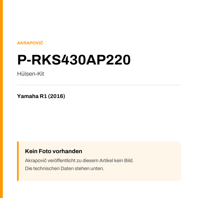 Akrapovic Hülsen-Kit Yamaha R1 (16-16) P-RKS430AP220 — Platzhalter, kein Herstellerfoto verfügbar