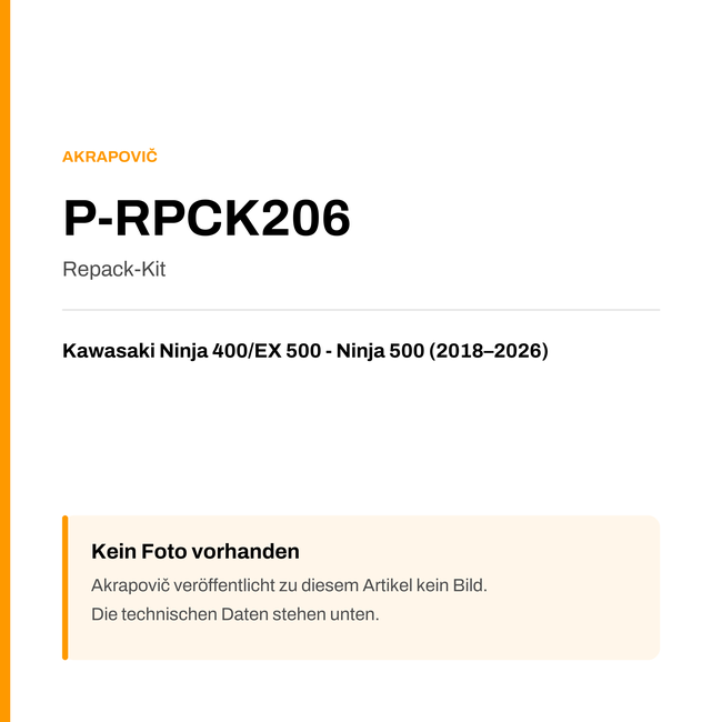 Akrapovic Repack-Kit Kawasaki Ninja 400 / EX 500 - Ninja 500 (18-26) P-RPCK206 — Platzhalter, kein Herstellerfoto verfügbar