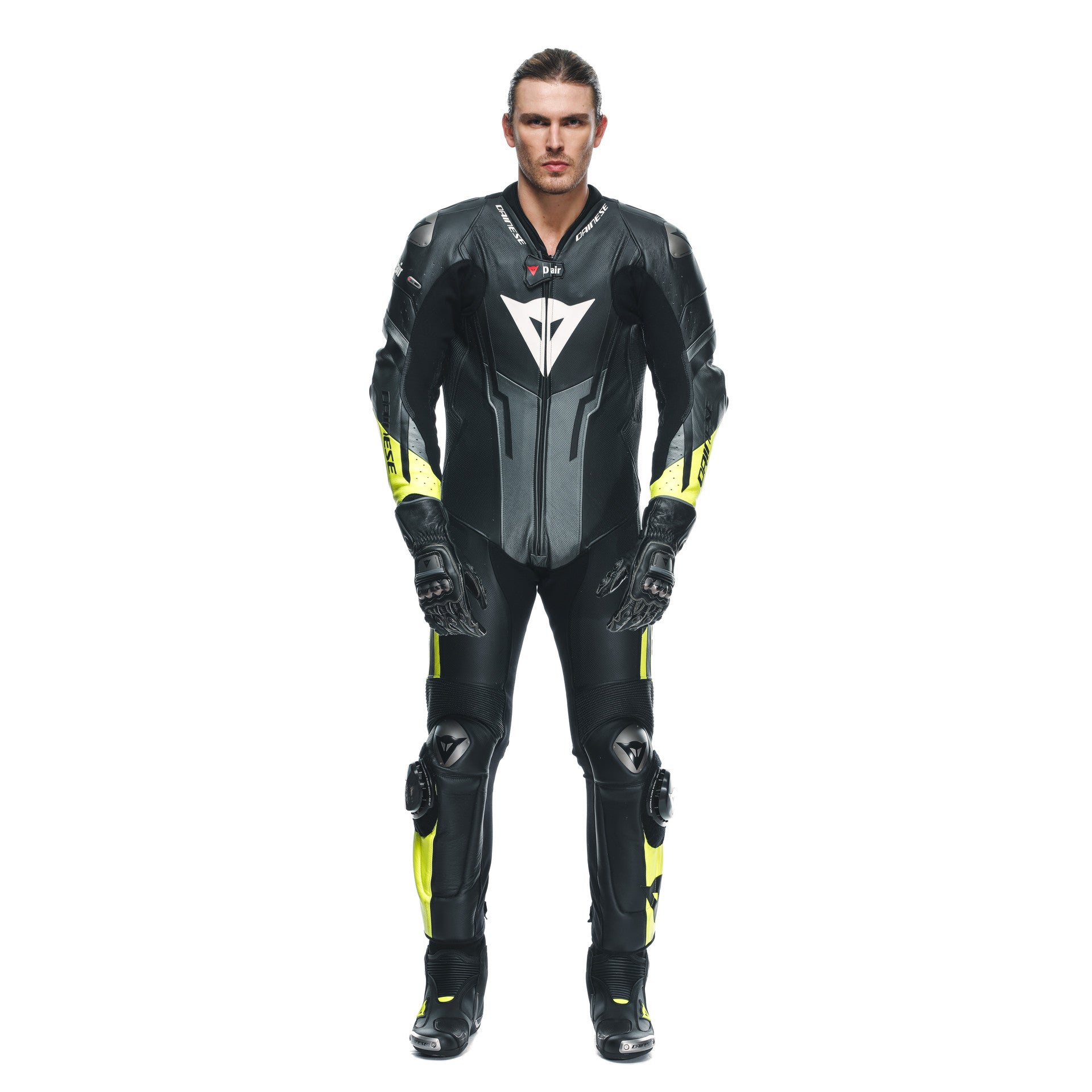 Dainese Misano 3 D-AIR® Einteiler Lederkombi – Perforierter Airbag Rennanzug | Herren | Schwarz/Neon Gelb