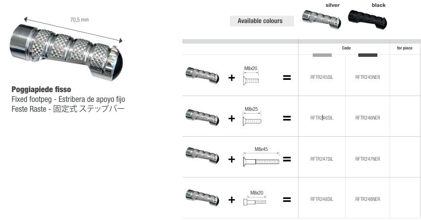 LighTech Ersatz-Fußraste fest 70,5 mm – Silber/Schwarz | RFTR245–248