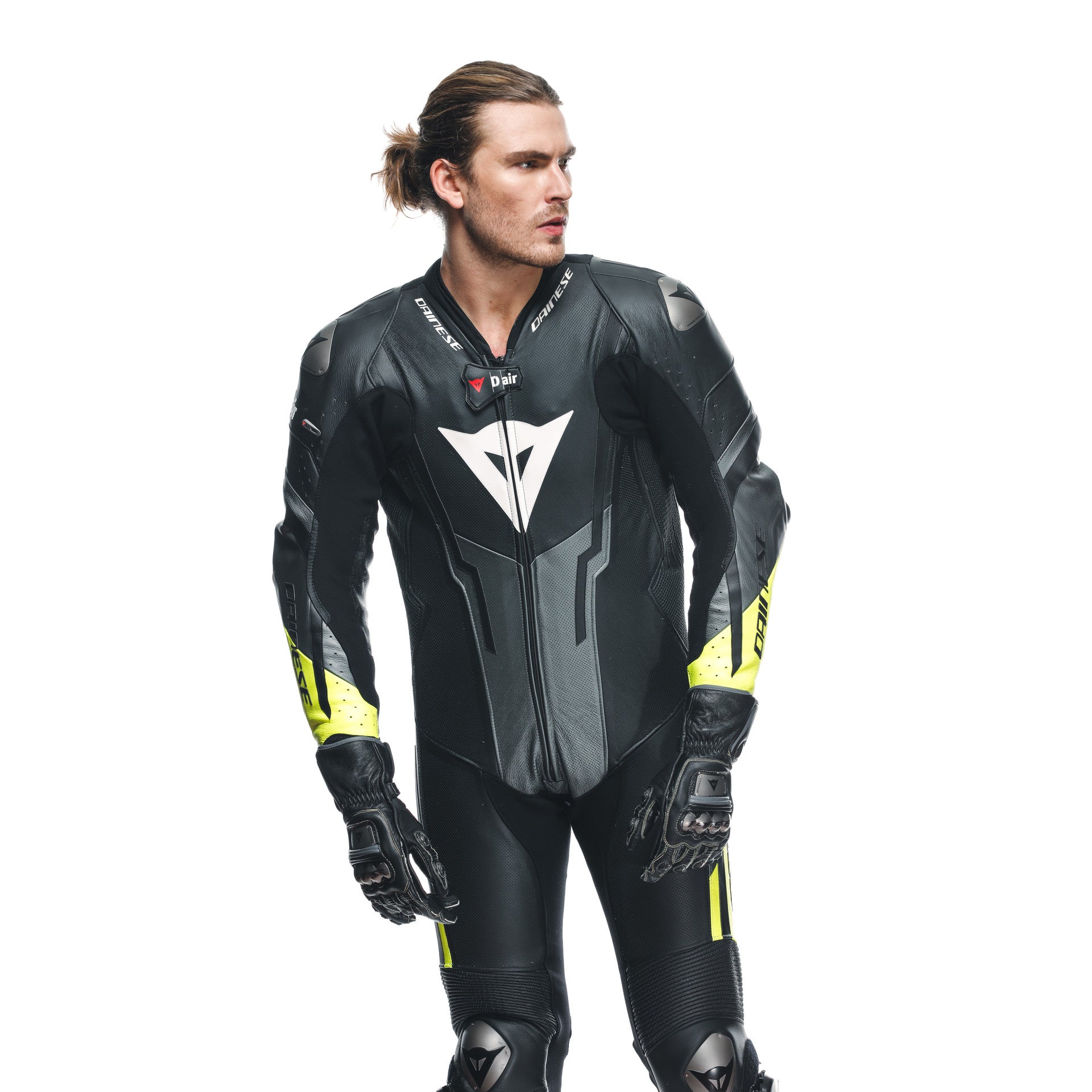 Dainese Misano 3 D-AIR® Einteiler Lederkombi – Perforierter Airbag Rennanzug | Herren | Schwarz/Neon Gelb
