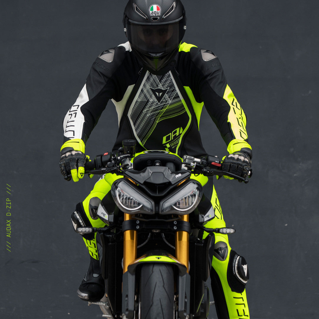 Dainese Audax D-ZIP Einteiler Lederkombi – Perforierter Rennanzug | Herren | Schwarz/Neon Gelb