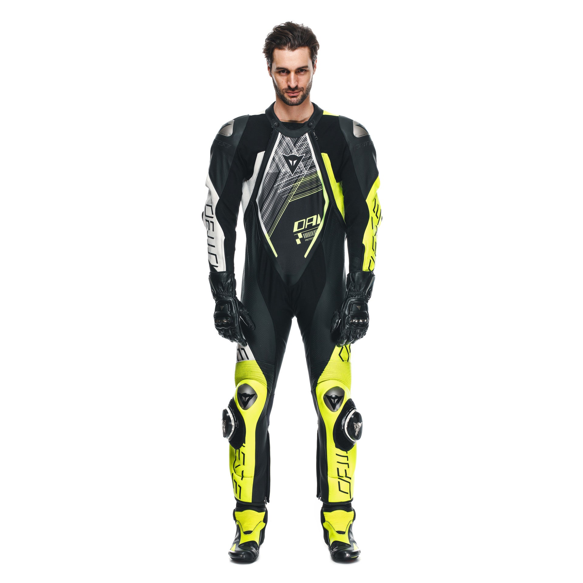 Dainese Audax D-ZIP Einteiler Lederkombi – Perforierter Rennanzug | Herren | Schwarz/Neon Gelb