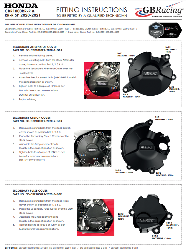 Motordeckel Protektoren Komplettset GBRacing Honda CBR 1000 RR-R SC82 (20-26)