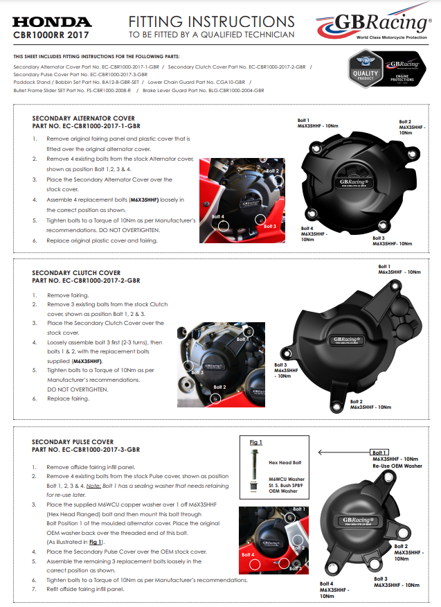 Motordeckel Protektoren Komplettset GBRacing Honda CBR 1000 RR SC77 (17-19)