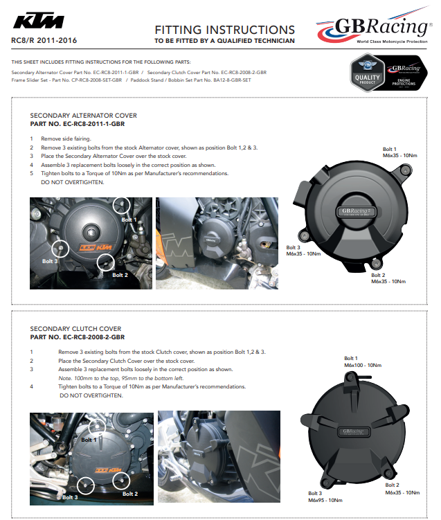 Motordeckel Protektoren Komplettset GBRacing KTM RC8/R 1190 (11-16)