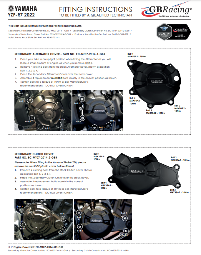 Motordeckel Protektoren Komplettset GBRacing Yamaha YZF-R7 (21-26)
