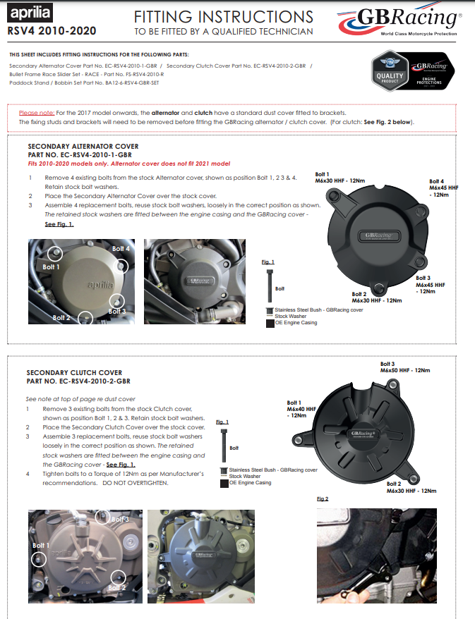Motordeckel Protektoren Komplettset GBRacing Aprilia RSV4/1100 Factory/R/RR/RF (09-20)