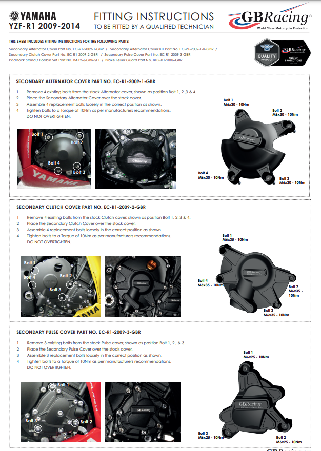 Motordeckel Protektoren Komplettset GBRacing Yamaha YZF-R1 (09-14)